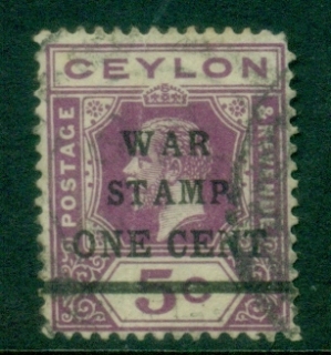 Ceylon-1918-KGV-Portrait-War-Tax-Stamp-1c-on-5c-red-violet