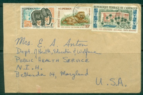 Cameroun 1965 Elephant, Lion, Hotel des Cocotiers cover to USA