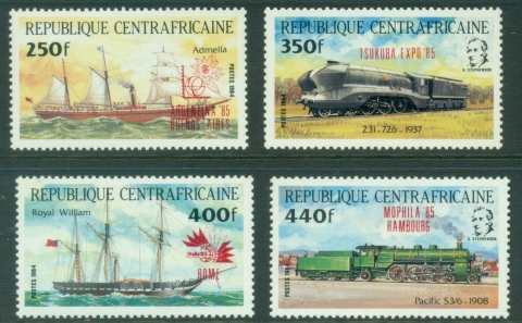 Central-African-Republic-1985-International-Exhibitions-overprints-on-Transport-Ships-Trains-MUH