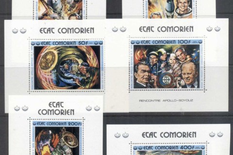 Comoro-Is-1975-Apollo-Soyuz-Joint-Russia-USA-Space-Project-mini-sheetlets-MUH