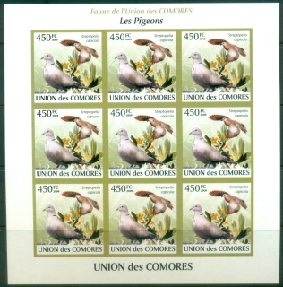 Comoro-Is-2009-Birds-Pigeons-450fc-sheetlet-IMPERF-MUH