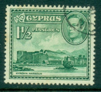 Cyprus-1951-KGVI-Pictorial-1½p-green-Kyrenia-Harbour-FU