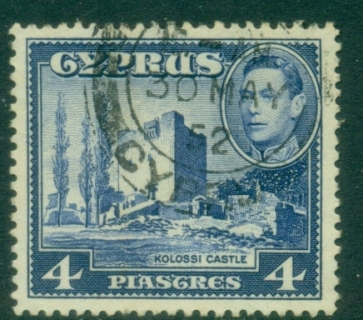 Cyprus-1951-KGVI-Pictorial-4p-ultramarine-Kolossi-Castle-FU