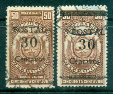 Ecuador-1943-30c-on-50c-with-without-bars-Surch-Opt-Lot46648