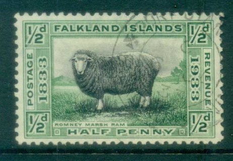 Falkland-Is-1933-KGV-1-2d-Romney-Marsh-Ram-FU-lot77652