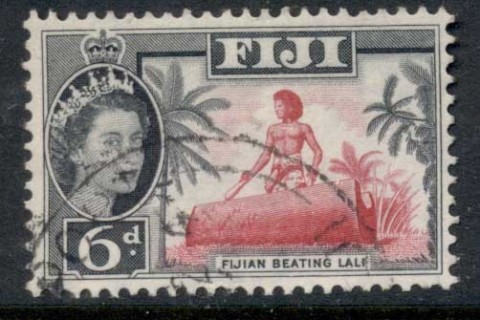 Fiji-1954-56-QEII-Pictorial-6d-Fijian-Beating-Drum-FU