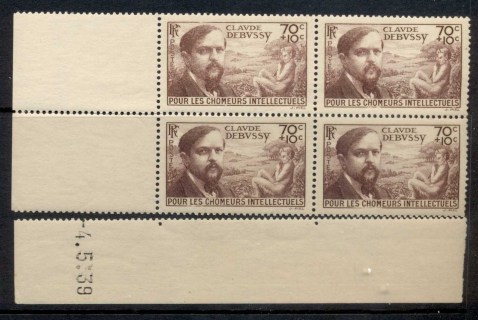 France-1939-40-Claude-Debussy-7010-dated-corner-blk4-margin-separations-MUH