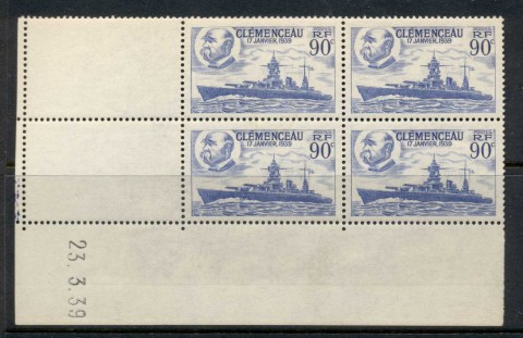 France-1939-Battleship-Clemenceau-dated-corner-blk4-MUH