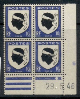 France-1946-Arms-of-Corsica-10c-dark-blue-dated-corner-blk4-MUH