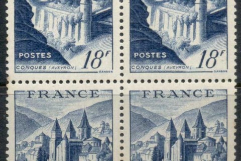France-1948-View-of-Conques-18f-dark-blue-blk4-perf-tones-MUH