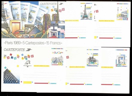 France-1989-Historic-Sights-5x-Postal-card-Unused