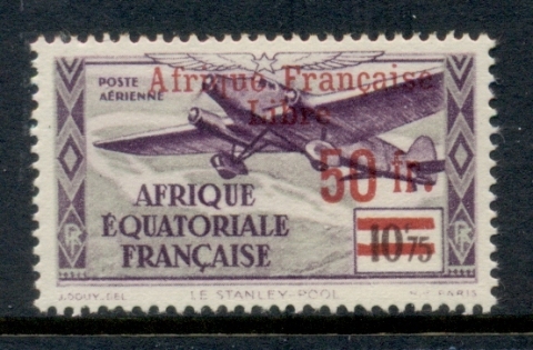 French Equatorial Africa 1940-41 Air Post Planes Opt Libre Surch 50f on 10.75f