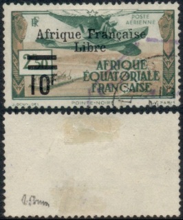 French Equatorial Africa 1940-41 Air Post Planes Opt Libre Surch 10f on 2.50f