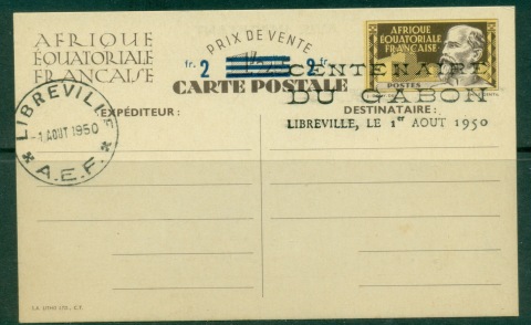 French Equatorial Africa 1950 Centenary of Gabon, surcharged postal card