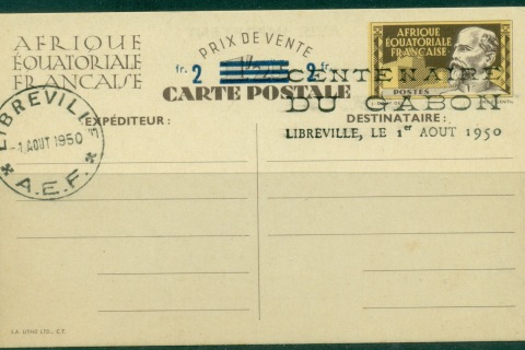 French Equatorial Africa 1950 Centenary of Gabon, surcharged postal card