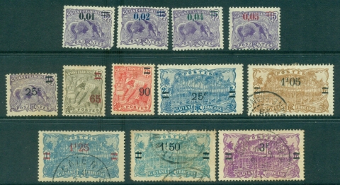 French-Guiana-1922-27-Surcharged-Pictorials-Asst-12-MLH-FU-lot38606