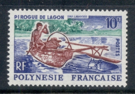 French-Polynesia-1966-Outrigger-Canoe-on-Lagoon-10fr-MLH