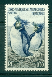 French-Antarctic-Territory-1956-50c-Rockhopper-penguins-Bird-MLH-lot38657