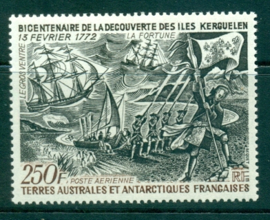 French-Antarctic-Territory-1972-250fr-Fleur-de-lis-Flag-raising-on-Kergulen-MLH-lot38647