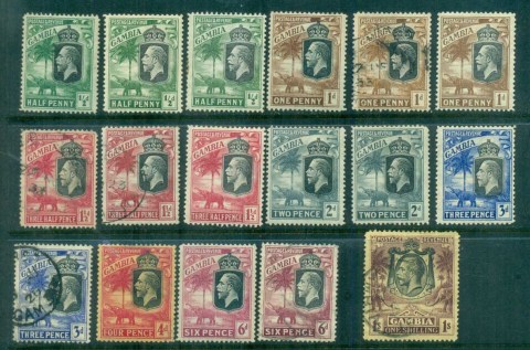 Gambia-1922-27-KGV-Elephant-Asst-faults-MH-FU-lot79939