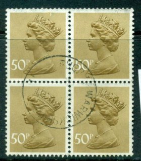 GB-1970-95-50p-Machin-bister-brown-block-4-FU-Lot24093