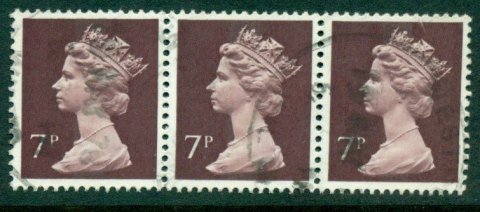 GB-1970-95-7p-Machin-dark-red-brown-Strip-3-FU-Lot24073