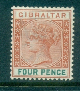 Gibraltar-1886-98-QV-Portrait-Wmk-Crown-CA-4d-orange-brown-green-MH