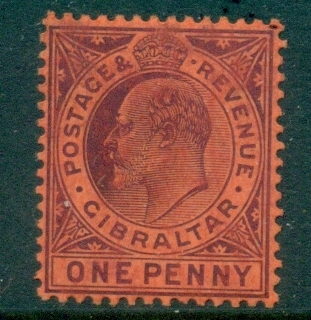 Gibraltar-1904-12-KEVII-Portrait-Wmk-Multiple-Crown-CA-1d-violet-on-red-MLH