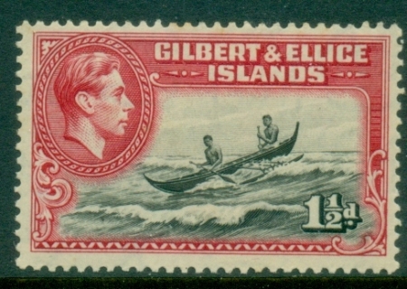 Gilbert-Ellice-Is-1939-KGVI-Pictorial-1½d-Canoe-crossing-Reef-MLH