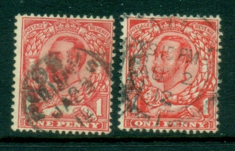 GB-1911-12-KGV-Portrait-Downey-head-1d-scarlet-both-types-Wmk-Crown-FU