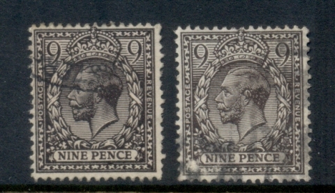 GB-1912-13-KGV-9d-black-brown-Portrait-wmk-single-cypher-2xshades-FU