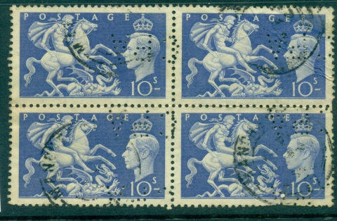 GB-1951-High-Values-10-Perfin-Block-4-FU-lot32713