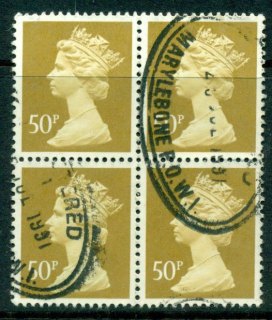 GB-1970-95-50p-Machin-ocher-block-4-FU-Lot24094