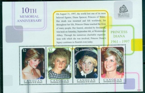 Grenada-Canouan-2007 Princess Diana in Memoriam, 10th Anniv., Diana Through the Years MS