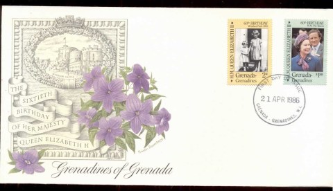 Grenada-Grenadines-1986-QEII-60th-Birthday-2v-Fleetwood-FDC