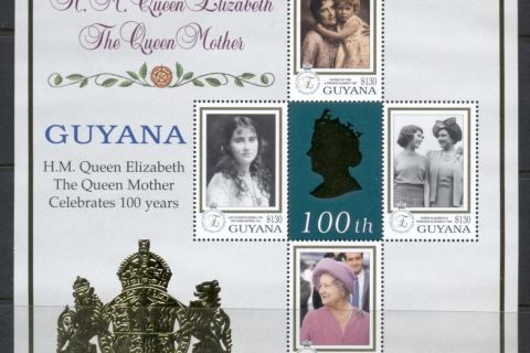 Guyana-1999-Queen Mother 100th Birthday gold foil embossed MS
