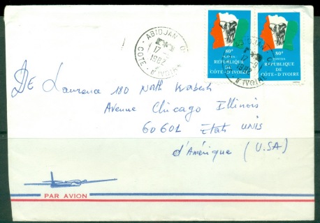 Ivory Coast 1982 AirMail to USA, Map, Elephant cover