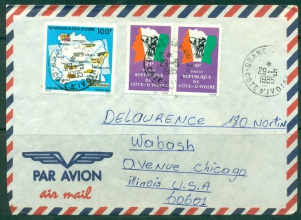 Ivory Coast 1985 AirMail to USA, Map, Elephant cover