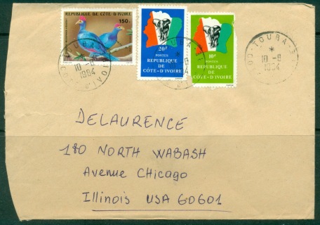 Ivory Coast 1984 AirMail to USA, Map, Elephant, Bird cover