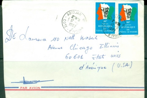 Ivory Coast 1982 AirMail to USA, Map, Elephant cover