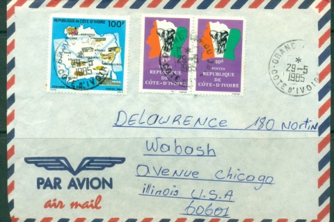 Ivory Coast 1985 AirMail to USA, Map, Elephant cover