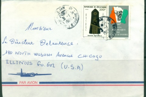 Ivory Coast 1982 AirMail to USA, Map, Elephant, Armed Forces cover