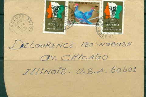 Ivory Coast 1985 AirMail to USA, Map, Elephant, Bird cover