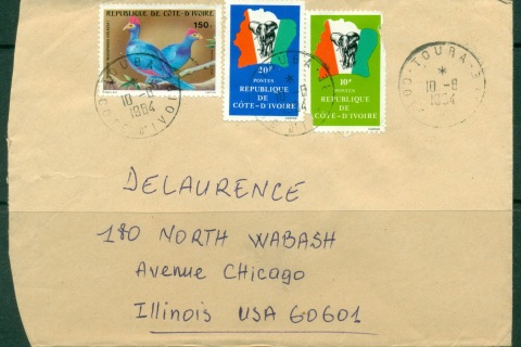 Ivory Coast 1984 AirMail to USA, Map, Elephant, Bird cover