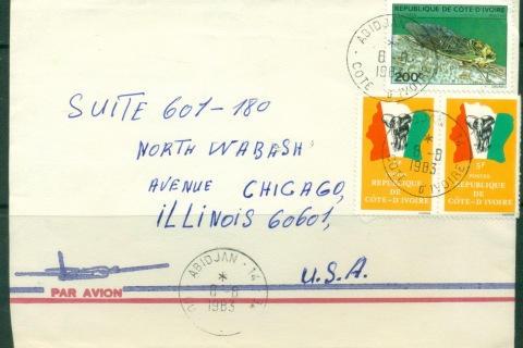 Ivory Coast 1983 AirMail to USA, Map, Elephant, Insect cover