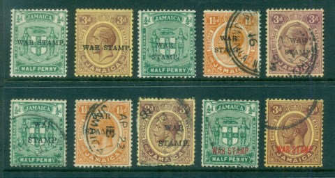 Jamaica-1916-19-War-Tax-Stamps-faults-FU-MLH