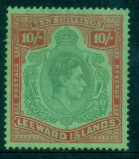 Leeward-Is-1938-51-KGVI-Portrait-10sh-red-green-on-emerald-MLH