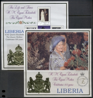 Liberia-1999 Queen Mother 100th Birthday gold foil embossed 2xMS