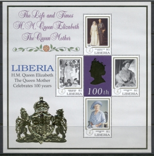 Liberia-1999-Queen-Mother-100th-Birthday-MS4-MUH