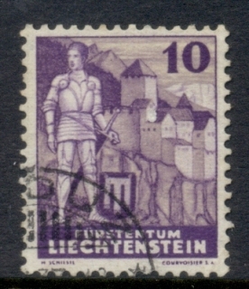 Liechtenstein-1937-38-Pictorial-10rp-Knight-Vaduz-Castle-FU